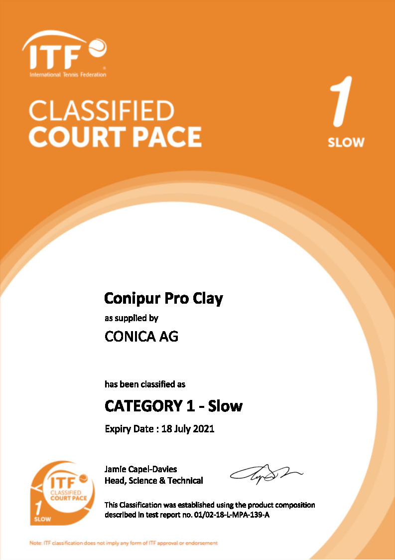 certifikát  ITF pre CONICA PRO CLAY